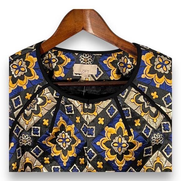 LOFT Jacket Blue Gold Tapestry Kimono Sleeve Boho Artisanal Statement Large New - Picture 4 of 8
